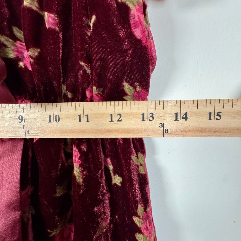 Altar'd State Kortney Velvet Mini Dress Burgundy Floral Coquette Ruffle Bow S - Picture 7 of 8